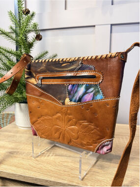 Vintage Tooled Leather Crossbody Bag Floral Hand Boho Artisan Hippie Purse